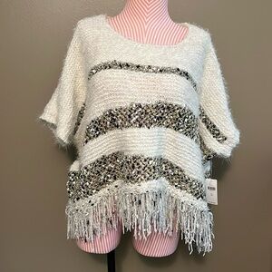 NWT Anthropologie Moth Short Sleeve Sweater Fringe Poncho Cream Metallic XS